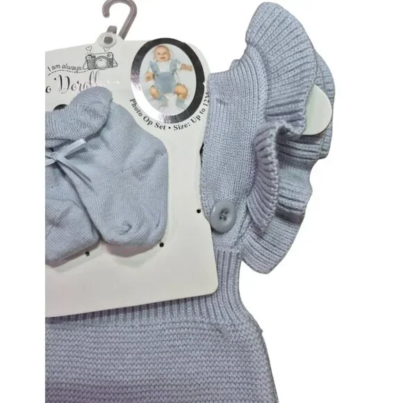 Baby Girls Outfit Set 3M Pink Bunny Romper Blue Knit Ruffle Dres Fits Up To 12M - Picture 6 of 8